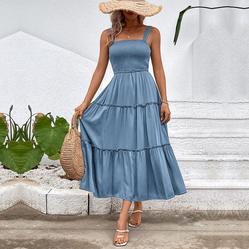 Casual Summer Dress Solid Color Adjustable Straps Waist Tie Design Beach Vacation Essential Wholesale Available