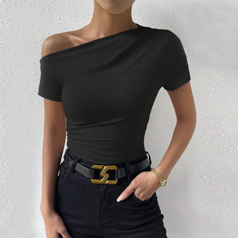 Womens Slim Fit Short Sleeve T Shirt Asymmetrical Neckline Solid Color Summer Style Wholesale Available