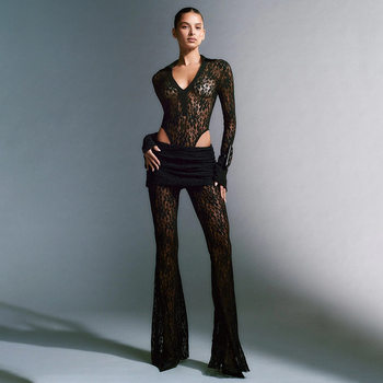 European and American Cross-Border 2024 Sexy Lace Splicing Deep V Long-Sleeved Top Slim See-Through High-Waisted Bell-Bottom Pants Women's Suit