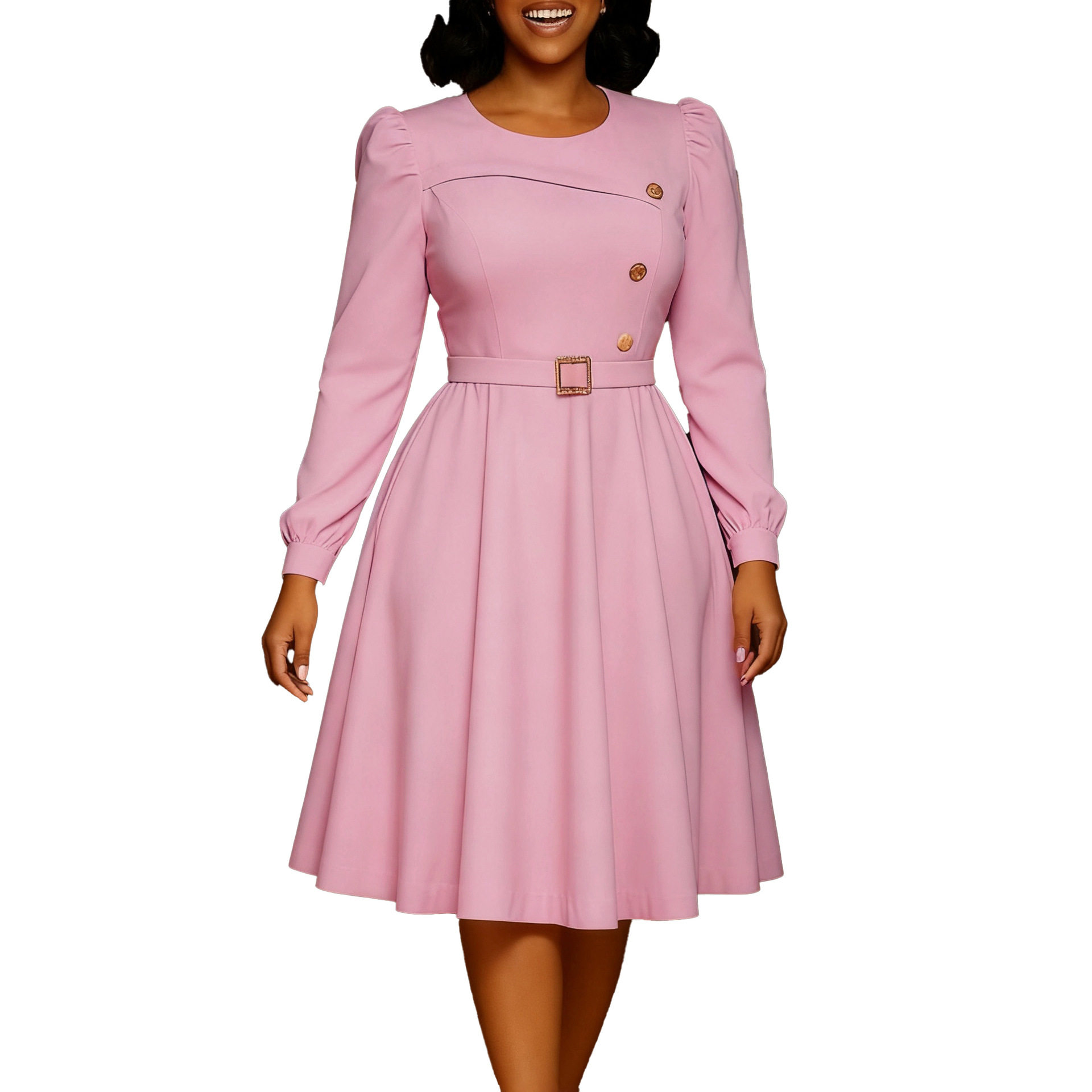 A Line Dress Long Sleeve High Waist Round Neck Solid Color Elegant Party Wear Wholesale Available