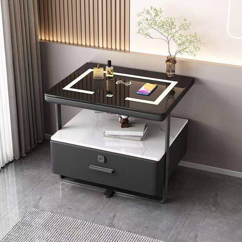 Smart Bedside Table Small Iron Art Very Simple Modern Light Luxury Rock Board Solid Wood Wireless Rechargeable Bedroom Bedside Cabinet