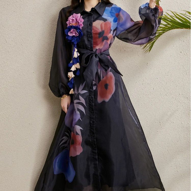 French Court Style Dress Elegant Floral Print Lantern Sleeves Waist Tie Sheer Fabric Perfect for Formal Events