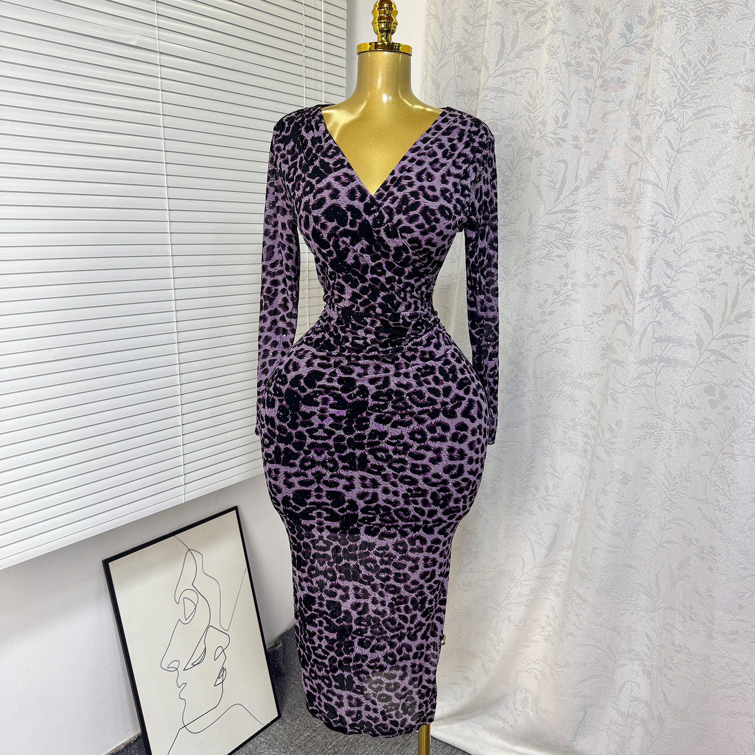 Elegant Leopard Print Bodycon Maxi Dress Cross V Neck Rhinestone Detail High Slit Perfect for Parties and Events