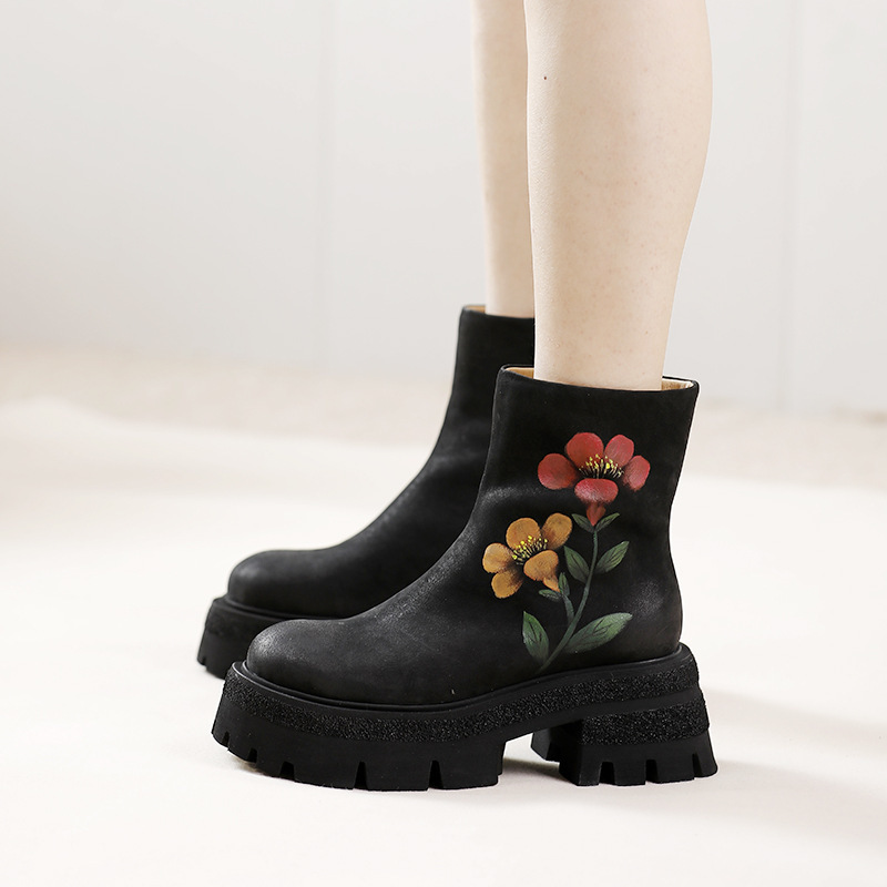 Boot nữ cổ ngắn da bò thật thêu hoa thủ công gót vuông — Màu cà phê, Màu đen