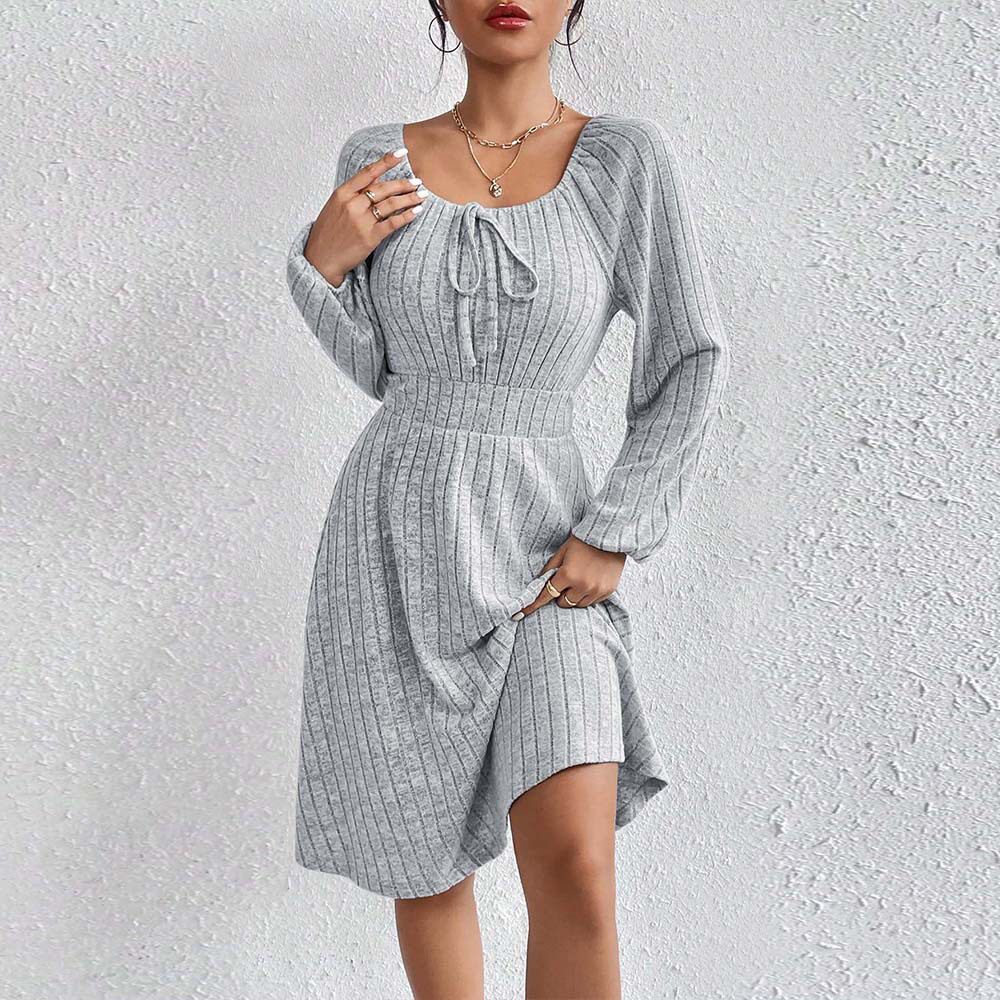 Womens Spring Summer Dress Square Neck Waist Tie Flared Skirt Long Sleeve Striped Fabric Casual or Party Wear