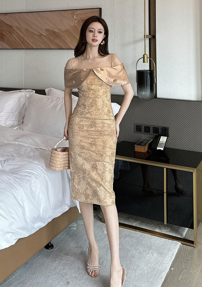 Đầm ôm body nữ dự tiệc ren tay ngắn cổ tròn cao eo — [Màu champagne] chi tiết 1