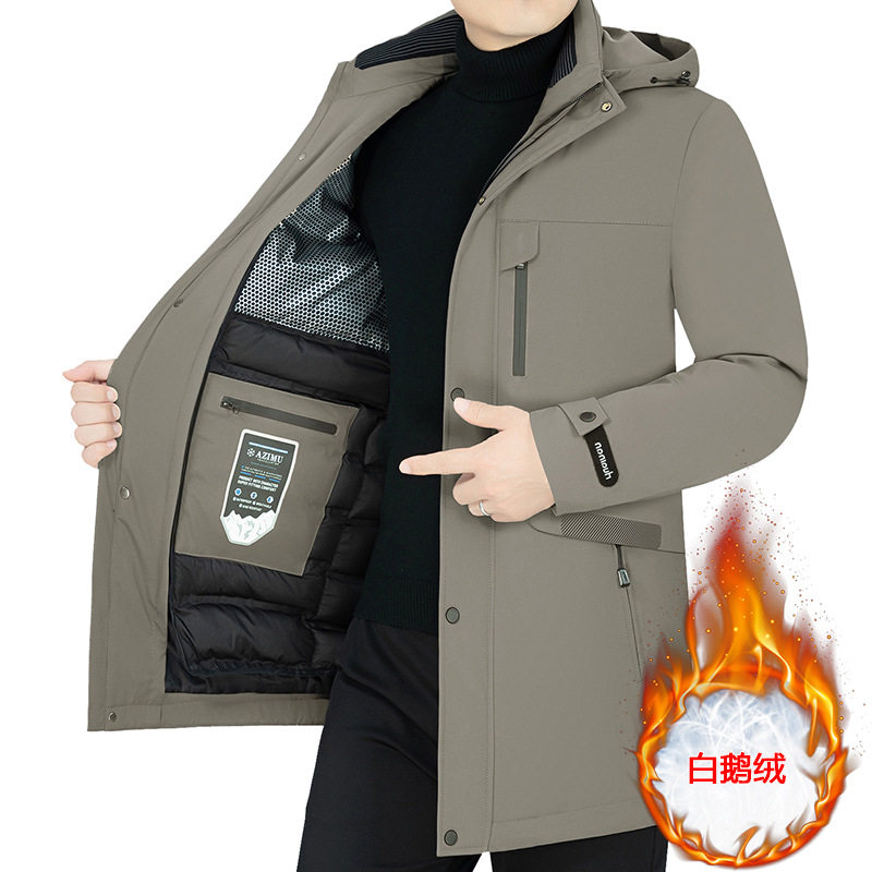 2023 Winter White Goose down Jacket Thickened Warm Middle-Aged Men's Casual Removable Liner Mid-Length Jacket