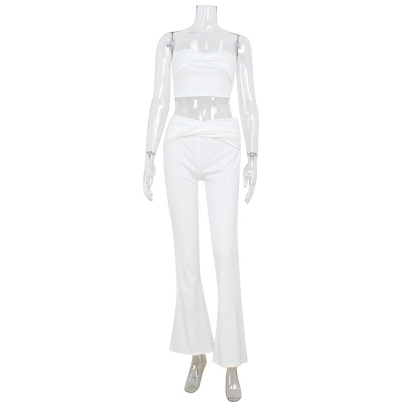 Chic Womens Two Piece Set Strapless Crop Top High Waisted Pants Stylish Form Fitting Solid Color Wholesale