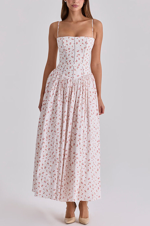 Elegant Floral Print A Line Maxi Dress Slim Fit Sleeveless Soft Fabric Perfect for Summer Events Wholesale Available
