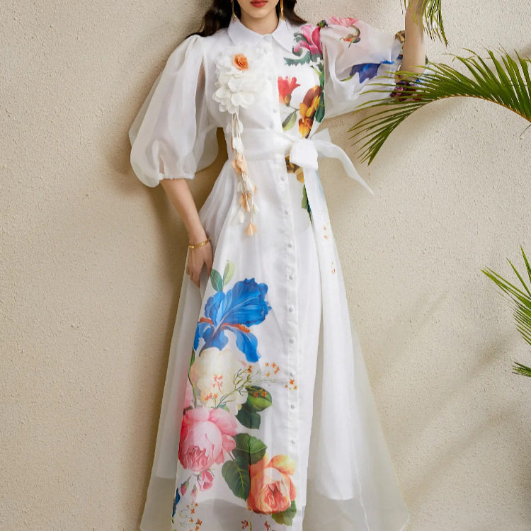 French Elegant Summer Dress Corset Waist 3D Floral Design Lantern Sleeves Printed Tulle Perfect for Garden Parties