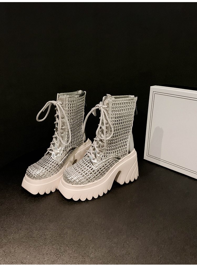 Boot nữ cổ thấp khoét lỗ thoáng khí đế dày tôn dáng gót thô — Màu bạc, màu đen, Màu trắng ngà