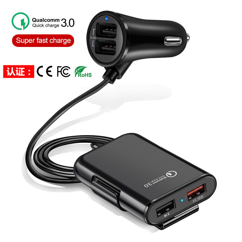 Ce/Rohs/Fcc Certified Front and Rear Seat 8A Multi-Port 4Usb Car Charger Car Mobile Phone Charger with Cable Qc3.0