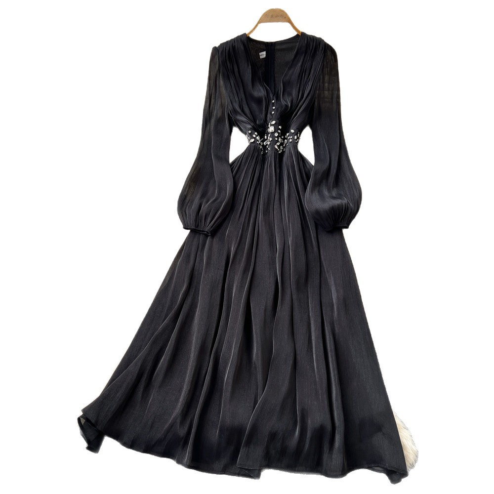 Vintage French Style Red V Neck Lantern Sleeve Beaded Maxi Dress for Women Slim Fit Elegant Flowy Design Perfect for