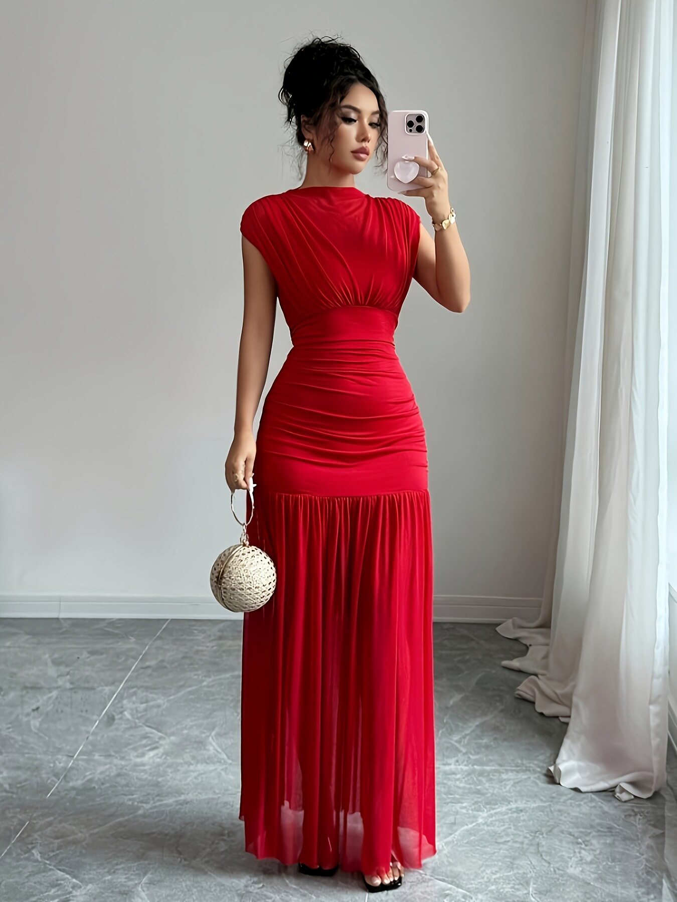 fashionable and elegant red boat neck sleeveless sexy hollow mesh pleated waist long dress