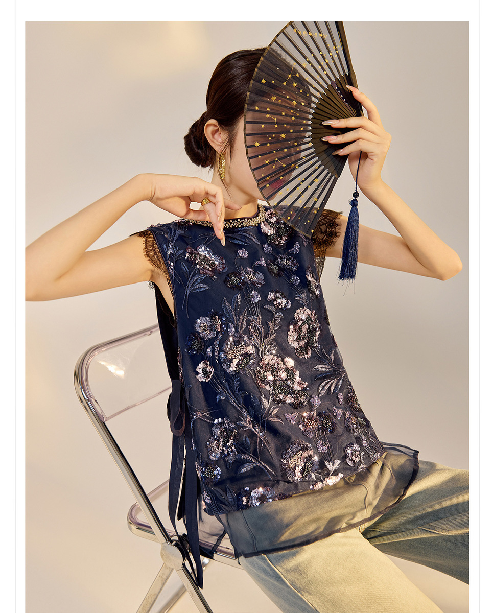 Áo vest nữ thêu cườm đính đá cổ tròn phối hoa văn — Jiyue Blue (giao hàng trong 7 ngày), Jiyue Blue (phát hành cùng ngày)