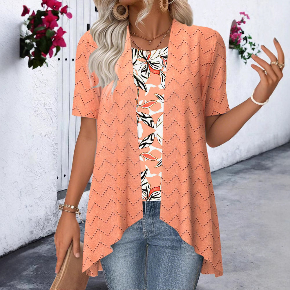 Casual Loose Fit Short Sleeve Womens T Shirt Hollow Out Printed Design Stylish Perfect for Everyday Wear Wholesale