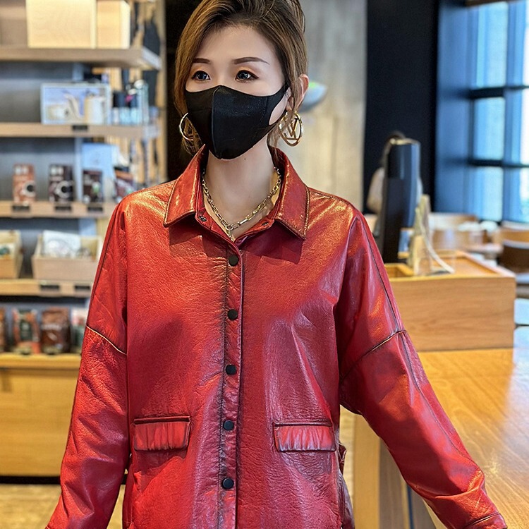 Áo khoác da bò nữ dáng ngắn cổ vuông phong cách casual — Màu đen, Màu đỏ rượu