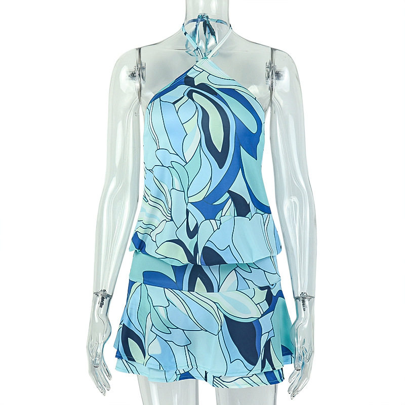 Summer Floral Print Halter Dress Slim Fit Sleeveless A Line Style Trendy Womens Fashion for Casual Occasions