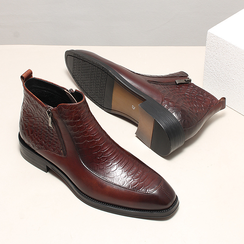 Boot cổ trung da bò dập vân cá sấu khóa kéo đôi phong cách cổ điển — Lớp lót nhung đen, Màu đen lót da, Đỏ rượu bên trong da