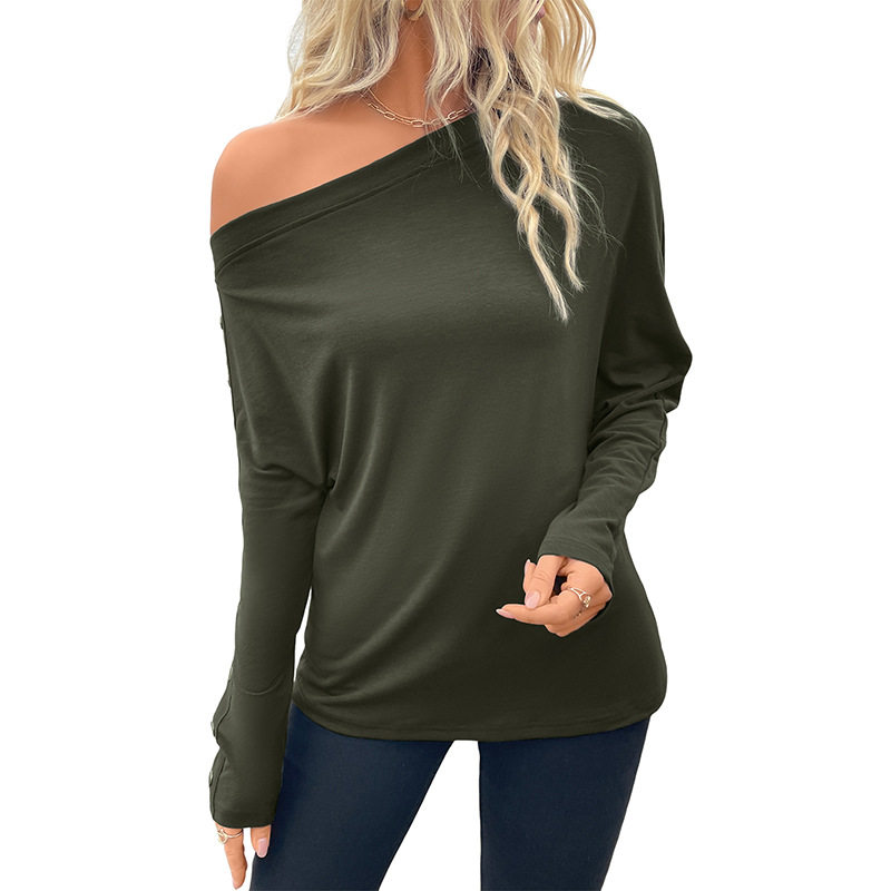 Casual Long Sleeve T Shirt Asymmetrical Neckline Solid Color Lightweight Fabric Spring Fall Wear Wholesale Available