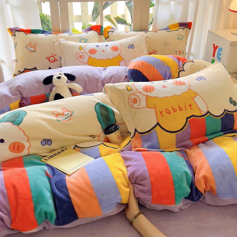 Class a Fresh and Simple Thickened Milk Velvet Four-Piece Set Winter Cartoon Velvet Duvet Cover Warm Coral Velvet Dormitory Three-Piece Set