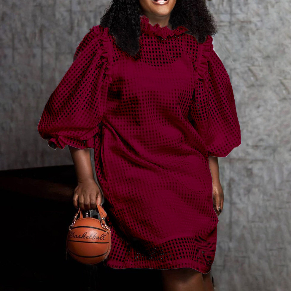 Hollow Out Puff Sleeve Two Piece Dress Solid Color Elegant Design Suitable for Fall Wholesale Available