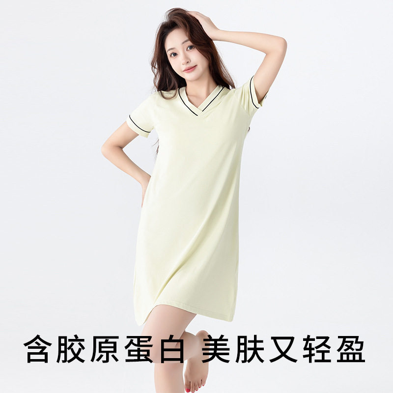 Short-Sleeved Nightgown Summer Women's Pure Cotton Belt Chest Pad All-in-One Outwear Pregnant Women's Pajamas High-grade plus size Home Dress