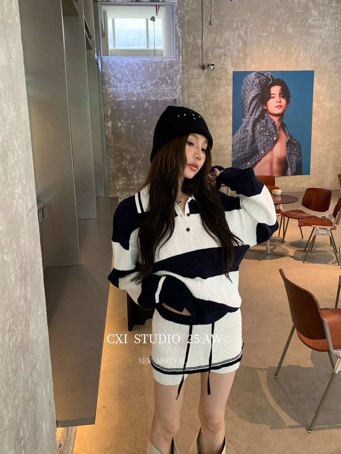 Cxi Contrast Color Stripe Lapel Knitted Sweater Suit Women's Autumn Korean Slim Fit Slimming Shorts Sweater Two-Piece Set