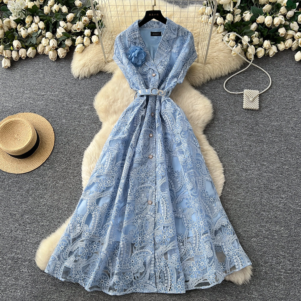 French Lace Floral Hollow Out Maxi Dress High Waist Slim Fit Elegant Style Perfect for Formal Occasions Wholesale