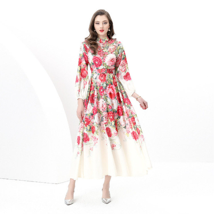 French Style Womens Vacation Dress Waist Defined Lantern Sleeves Floral Print Button Closure Flared Long Skirt