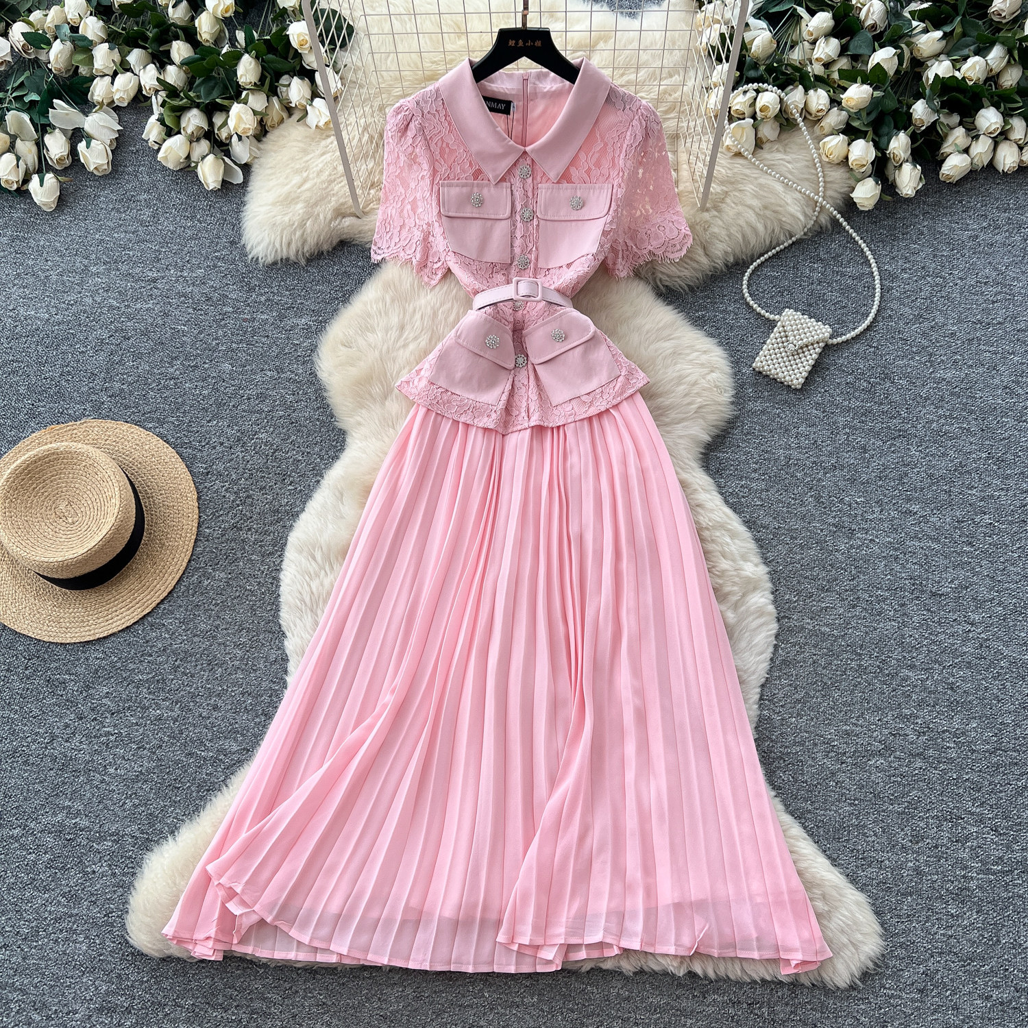 Red Lace Trimmed Dress French Chic Elegant Pleats Summer Style Perfect for Commuting and Special Occasions