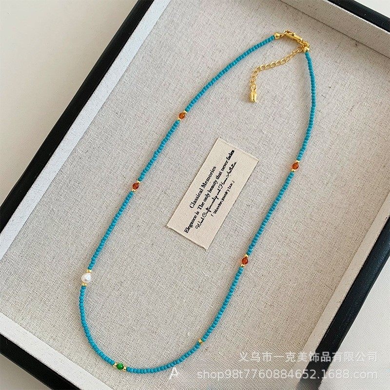 S925 Authentic Fine Natural Freshwater Small Pearl Green Pine Stone Beaded Necklace Women's Light Luxury High Niche Clavicle Chain