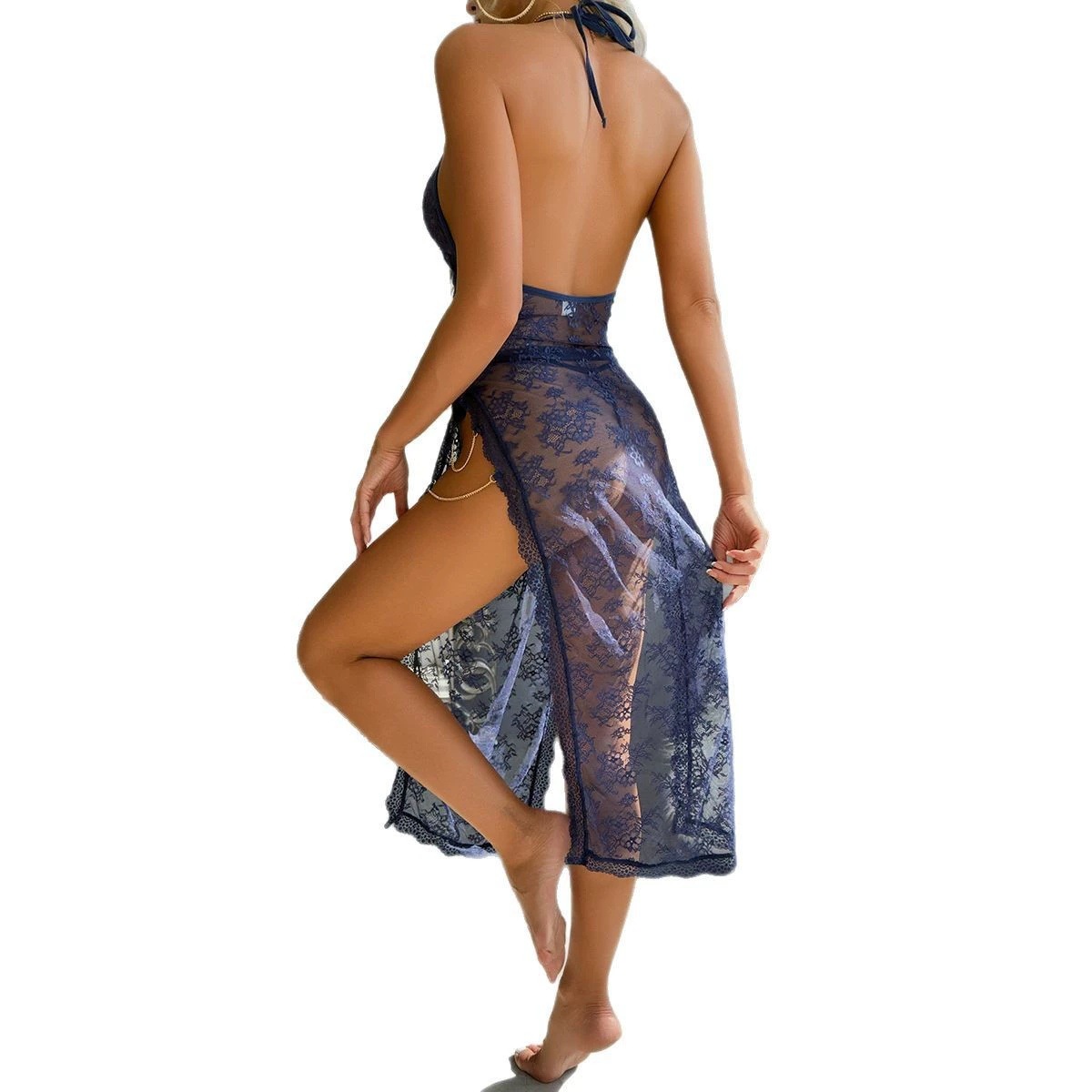 欧美外贸跨境性感透视网纱睡衣蕾丝包臀连衣裙开叉激情情趣内衣女