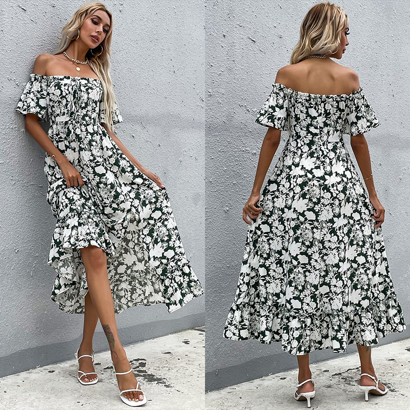 Summer Floral Off Shoulder Midi Dress Slim Fit Short Sleeve Waist Defining Casual Wear Wholesale Available