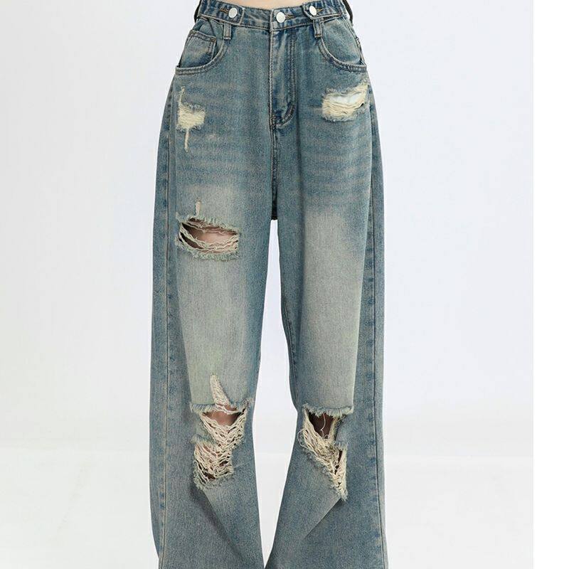 Plus Size Womens High Waisted Ripped Denim Jeans Loose Fit Straight Leg Street Style Casual Wear Wholesale