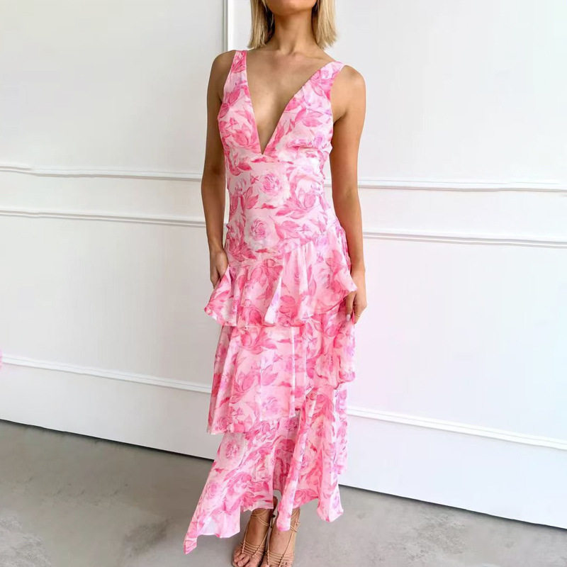 Fashionable Printed Cake Dress Summer Deep V Neck Shoulder Straps Vacation Style Wholesale Available