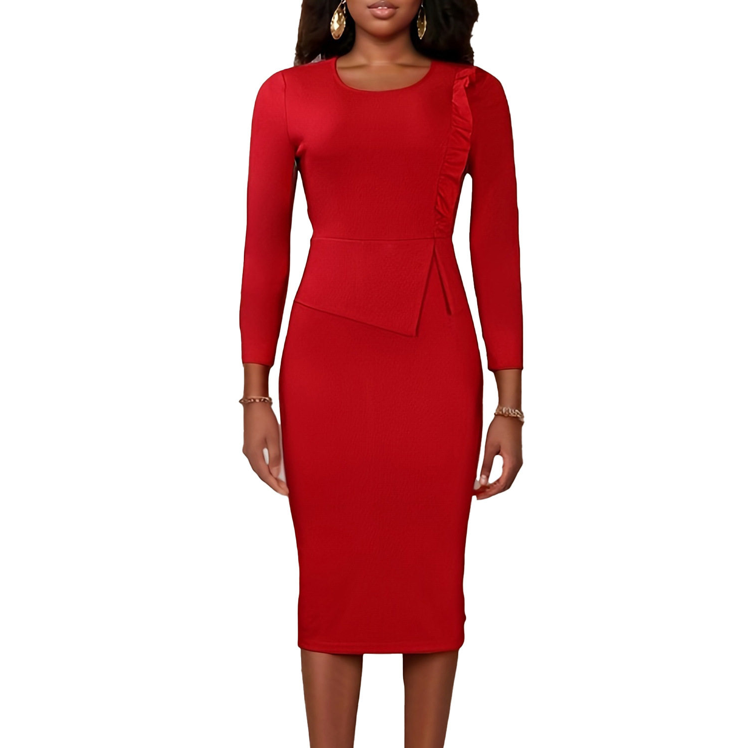 Plus Size Womens Spring Dress Solid Color Ruffled Hem Round Neck Bodycon Fit Office Wear Business Casual