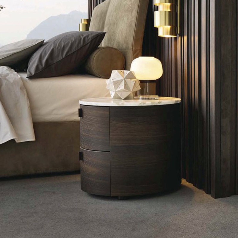 Solid Wood Smoked Bedside Table Italian Style Minimalist Nordic Style Niche Bedroom Round Slab Floor Bedside Cabinet Creative Storage Cabinet
