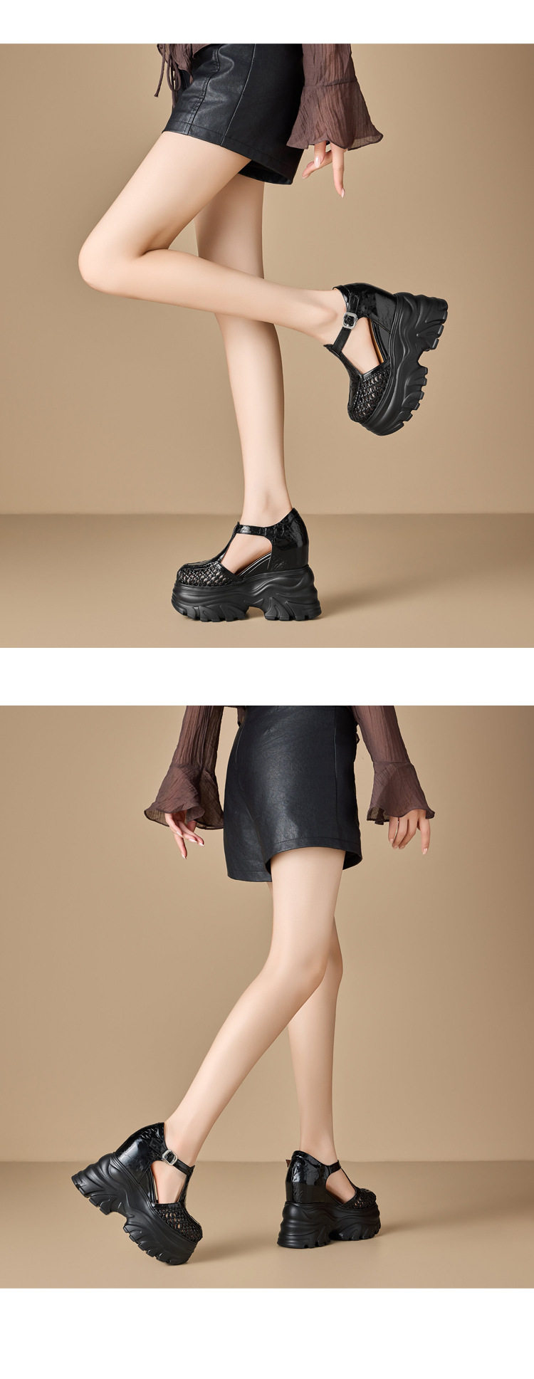 Sandal cao gót nữ đế xuồng 14cm dệt lưới mũi tròn hở mũi — [Trắng kem], [Đen], [Vàng nhạt] chi tiết 6