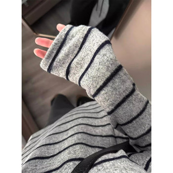 Korean Style Early Autum Atmosphere Wear Long-Sleeved T-Shirt Women's Loose Slimming Look Lazy Style Pullover Knitted Stripesd Top