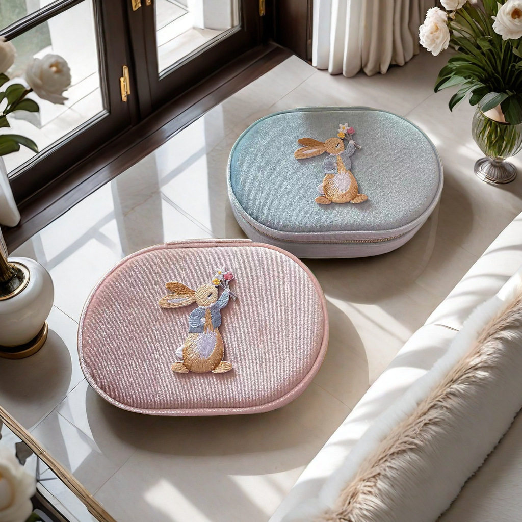 Cute Little Rabbit Jewelry Box Embroidered Cartoon Jewelry Storage Box Gold Velvet High-End Jewelry Earrings Storage Box