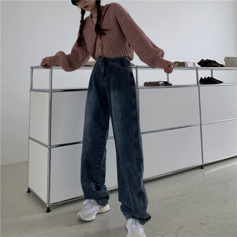High Waisted Loose Fit Denim Pants Vintage Style Straight Leg Versatile Slimming Spring and Autumn Fashion