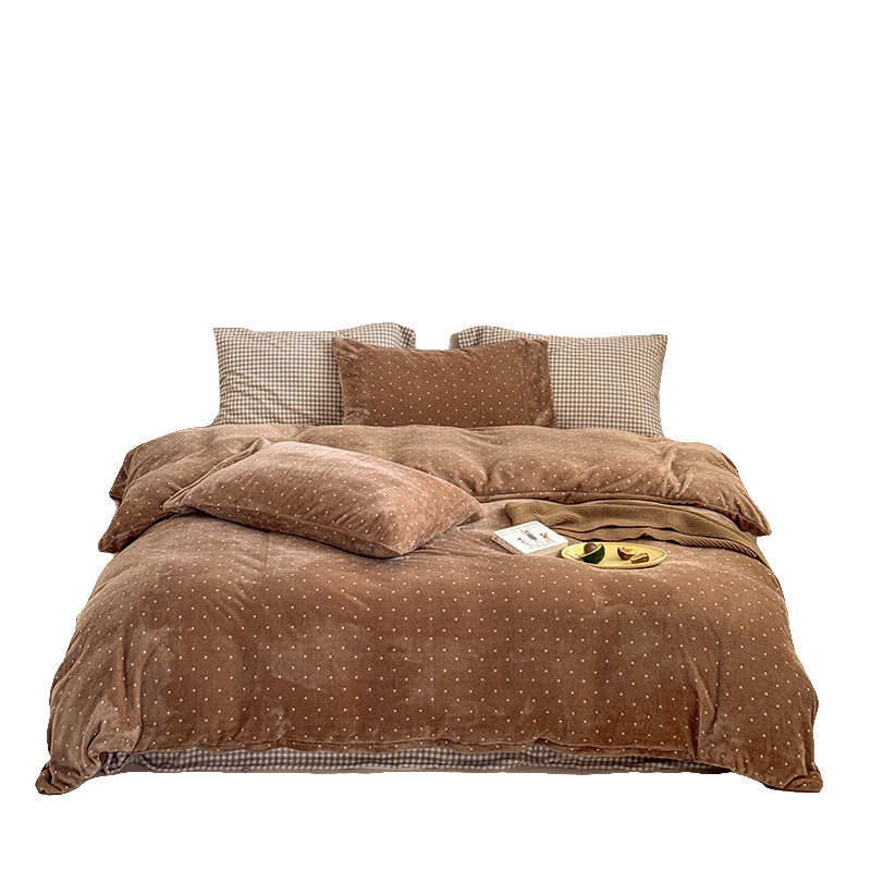 Retro Korean Ins Polka Dot Milk Velvet Four-Piece Set Autumn and Winter Mix and Match Double-Sided Coral Velvet Quilt Cover Thickeneded Three-Piece Set 1