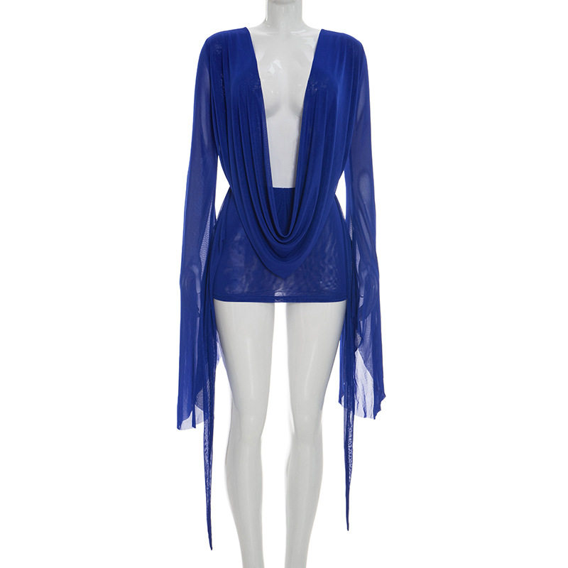 D25DS222 欧美跨境新款女装网纱荡领大摆长袖露背A字短袖连衣裙女