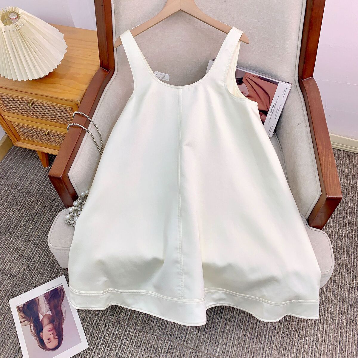 Đầm hai dây lụa tơ tằm dáng chữ A tay công chúa phong cách thanh lịch — [Quần short chống chói miễn phí màu lục lam] Len lụa, [Quần short chống lộ màu nâu hạt dẻ] Len lụa, [Quần short chống lộ màu trắng ngọc trai] Len lụa