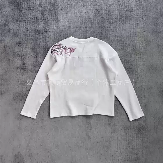 Cross-Border European and American Style Plum Blossom Embroidery Long-Sleeve T-Shirt, Waffle Knit, Autumn and Winter Loose Casual Round-Neck Top