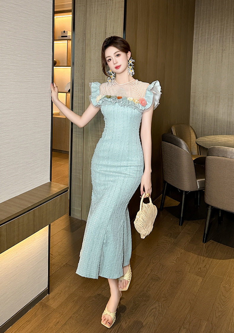 Đầm ôm body nữ cổ tròn tay phồng đuôi cá cao eo — [Xanh băng thanh] chi tiết 4