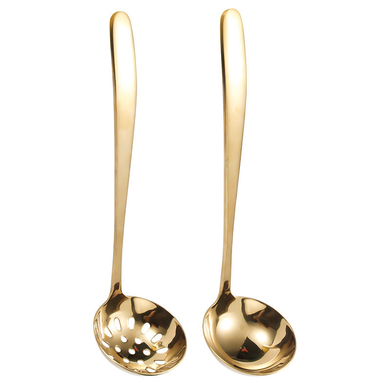 Stainless steel hot pot spoon colander thickened golden long handle soup shell household hot pot cooking kitchenware soup spoon colander wholesale