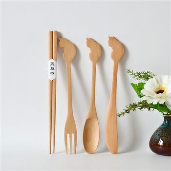 Japanese-style zakka wooden cartoon animal wooden spoon Fork knife chopsticks four-piece Beech tableware can be printed LOGO