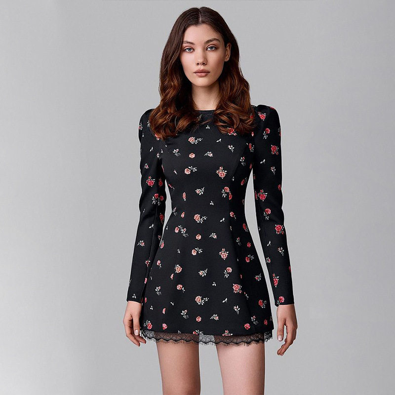 Floral Print Long Sleeve Bodycon Dress Heart Shaped Cutout Back Elegant Casual Wear for Spring and Summer Wholesale